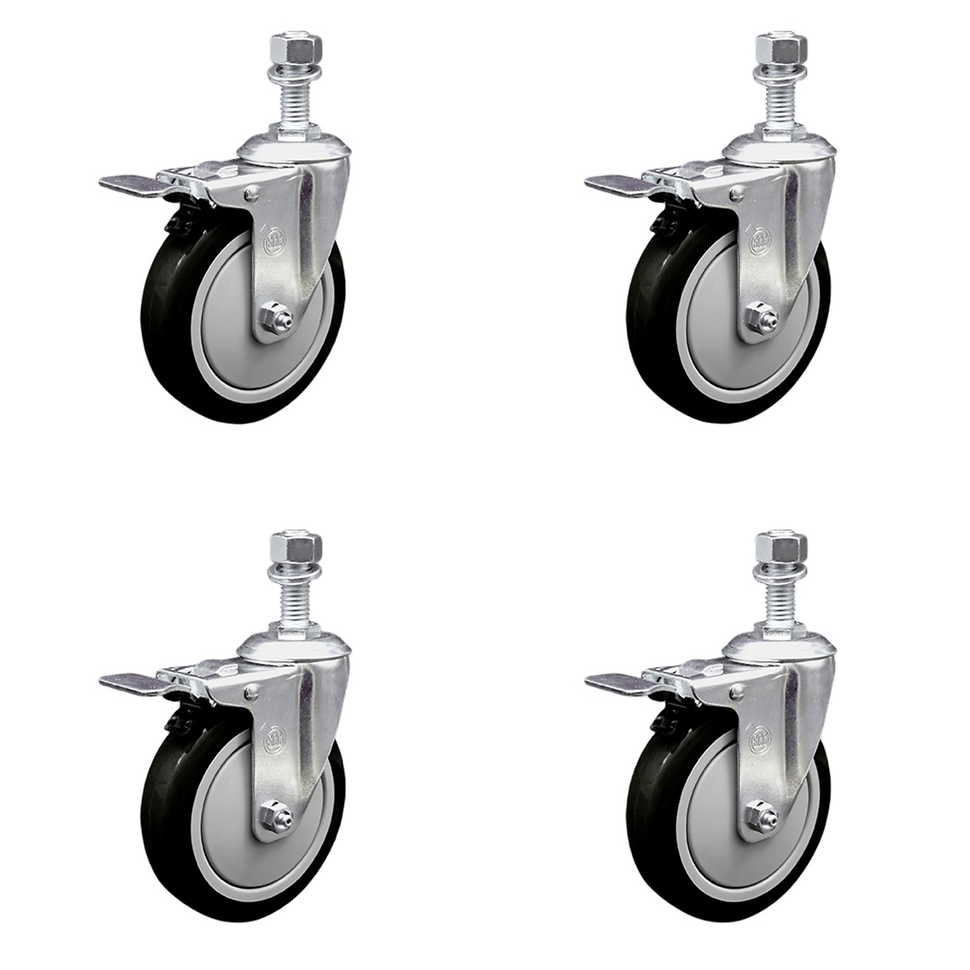 Service Caster, 5in. x 1 1/4in. Stem Casters, Wheel Diameter 5 in, Caster Type Swivel, Package (qty.) 4, Model# SCC-TSTTL20S514-PPUB-BLK-M1215-4